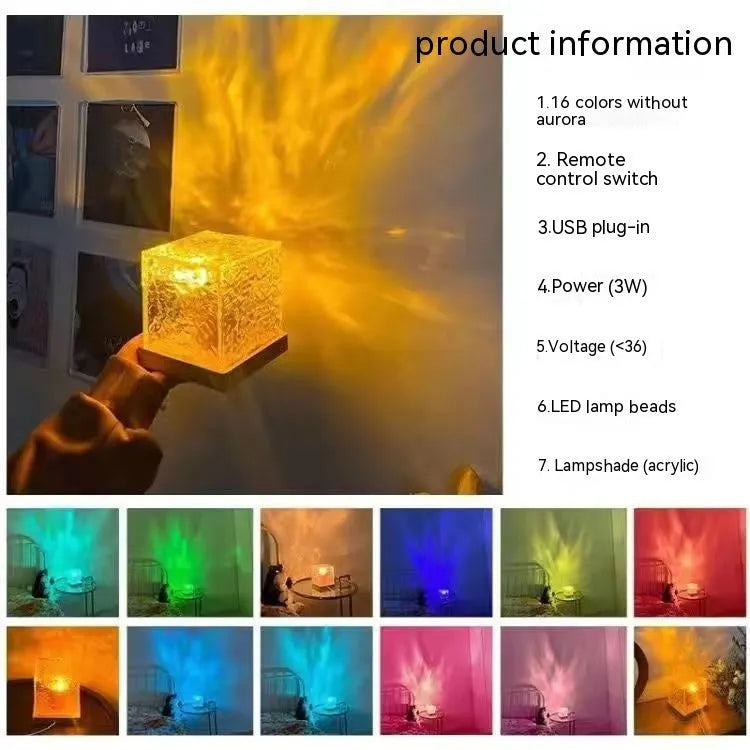 Crystal table lamp projecting blue water ripple light pattern on wall