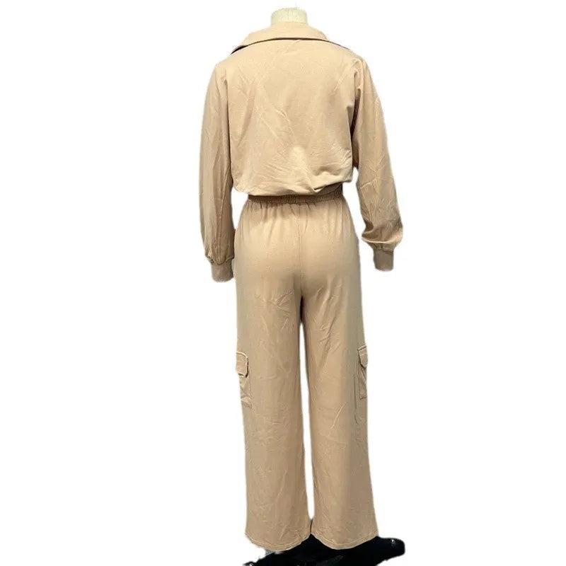 Women's light camel lapel collar top and wide leg trousers two-piece work clothes set
