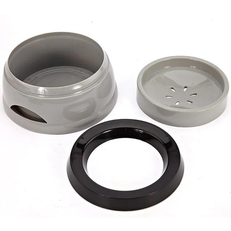 Grey pet drinking bowl with a floating ball on the water surface