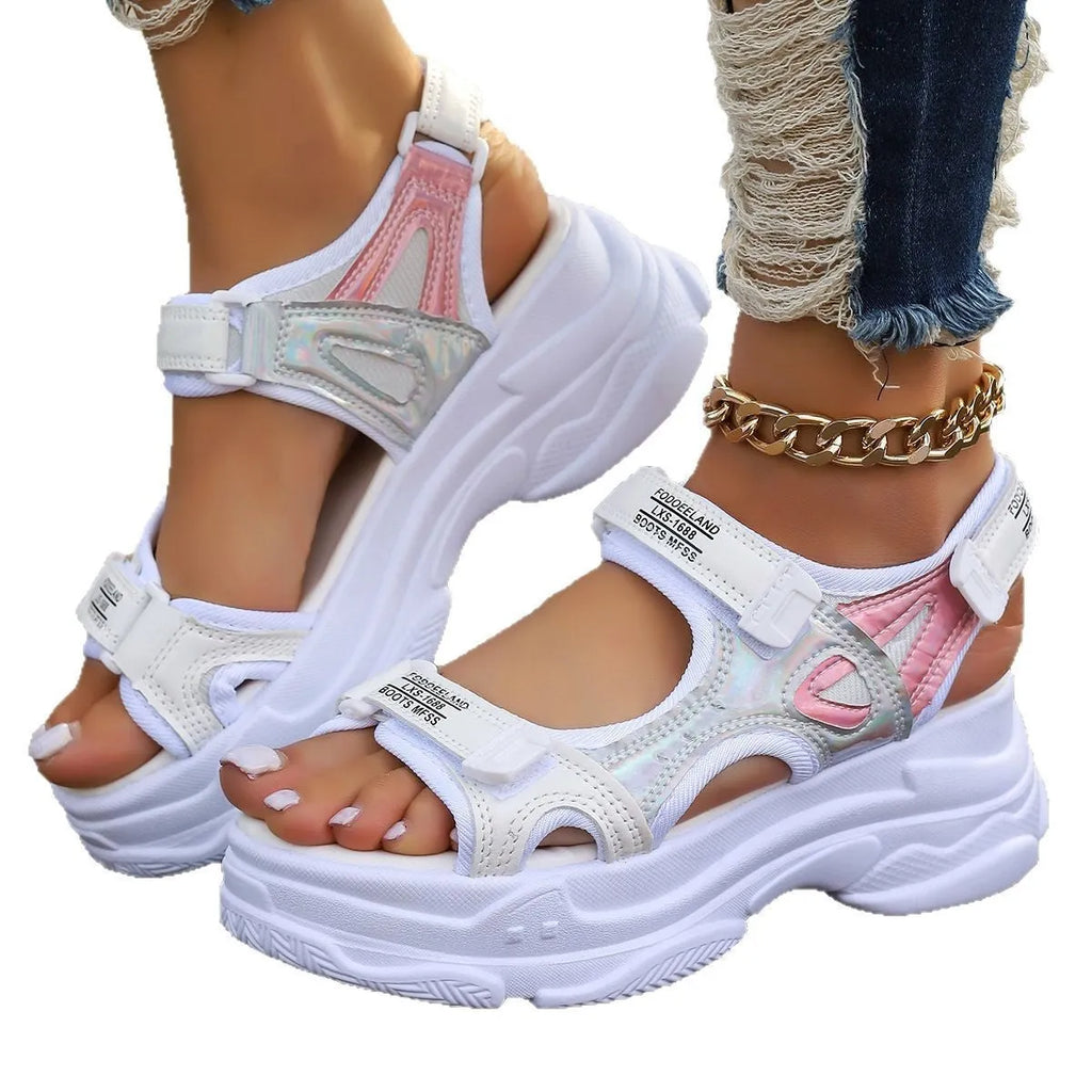 Women's Roman platform sports sandals in black with PU upper and rubber sole