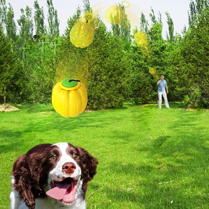Green, orange, and yellow pumpkin-shaped dog ball toy with squeaker for small breeds, measuring 69x68x68mm
