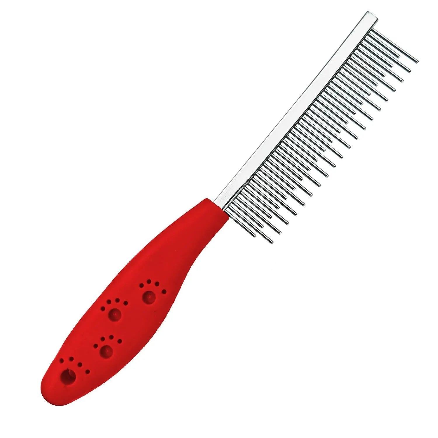Red pet grooming comb with stainless steel pins, dual-length teeth, and anti-slip plastic handle for dematting knots