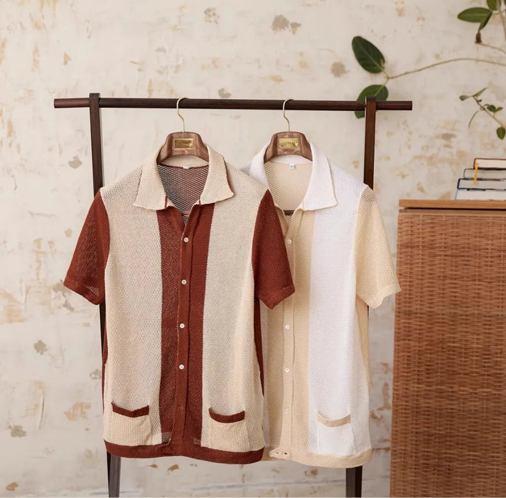 Short-sleeved lapel cardigan top in cotton linen blend available in beige and chocolate colours