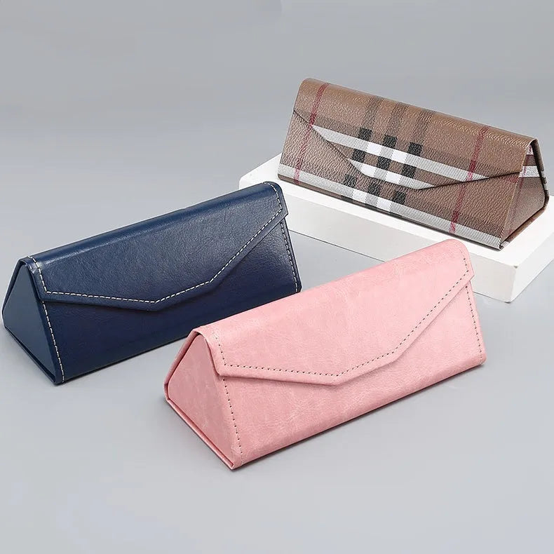 Handmade PU cowhide glasses case in triangle folding design with 160x66x16mm dimensions for full-rim frame protection.