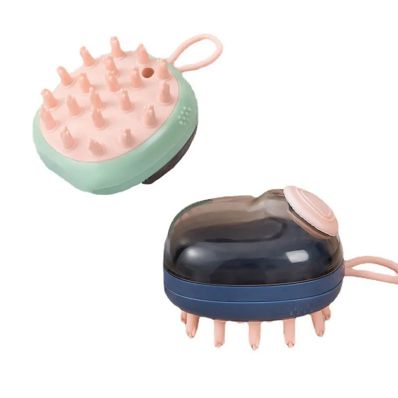 Blue pet grooming brush with shampoo dispenser and silicone bristles for dogs and cats