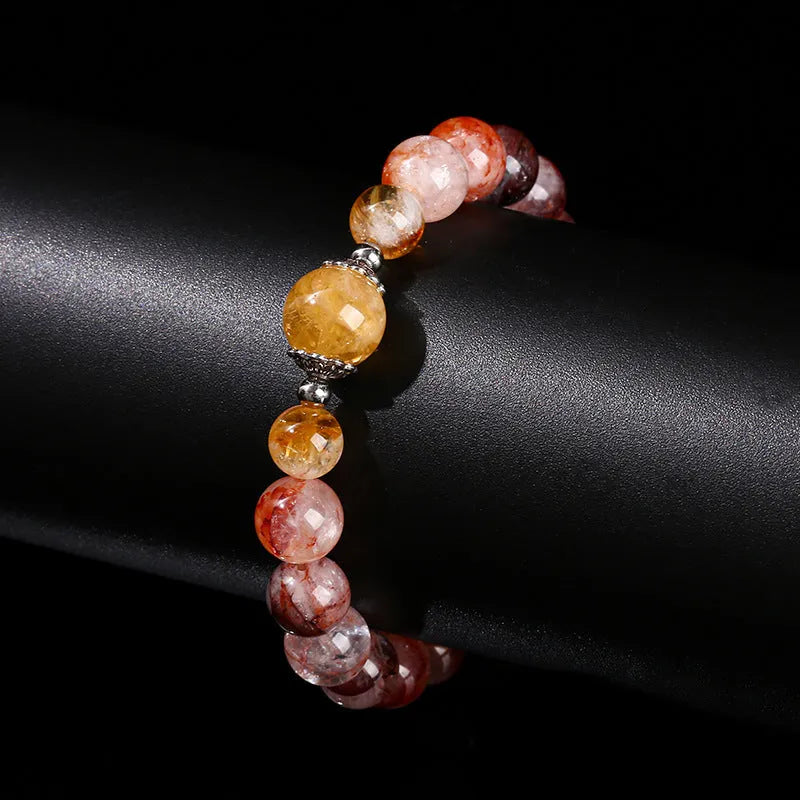 Handmade women's crystal bracelet with 10mm citrine lucky beads and red sealant flower design
