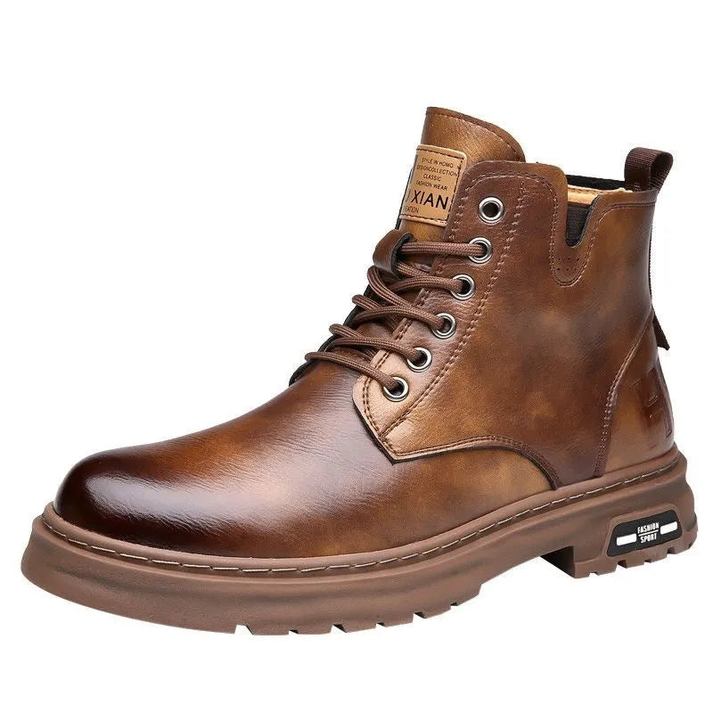 Men's black British Martin boots with thick rubber sole and front lace-up design