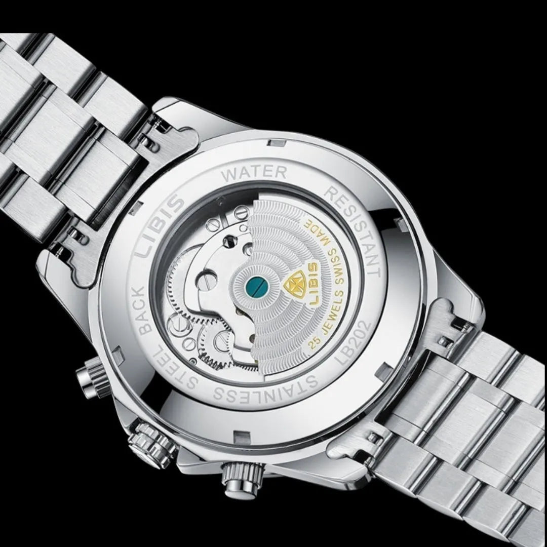 Men's silver automatic perpetual calendar watch with stainless steel strap and sapphire crystal face