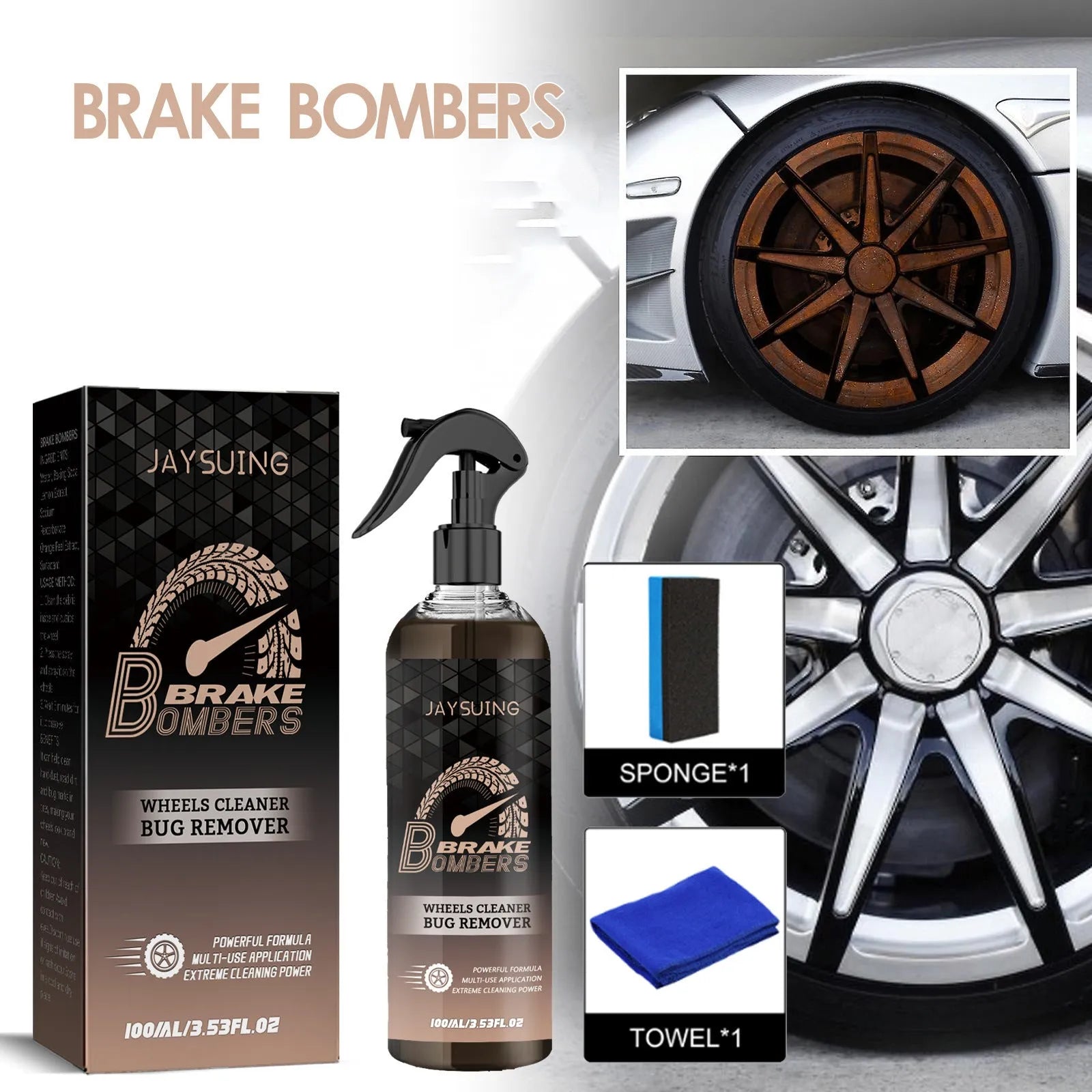 Car brake cleaner kit containing 100ml rust removal cleanser bottle, cleaning sponge, and microfibre cloth for disc maintenance