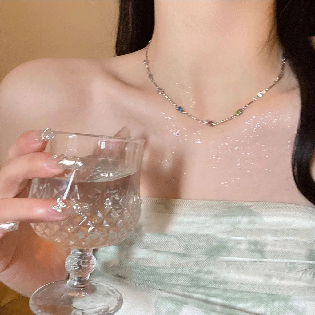 Square colour artificial crystal geometric pendant necklace on clavicle-length chain in gold tone