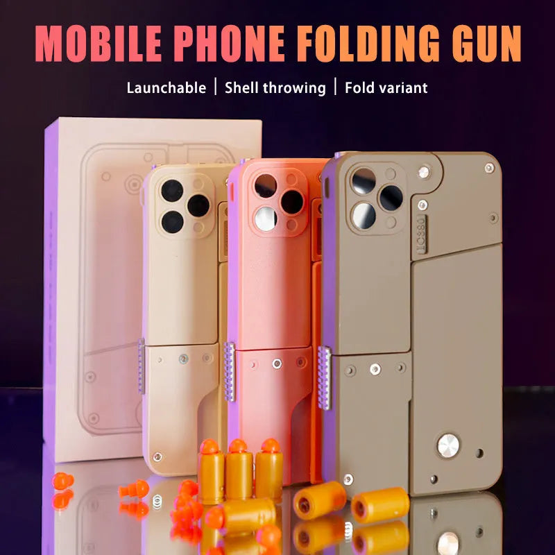 Folding mobile phone toy dart blaster in pink showing double barrels and safe EVA foam bullets