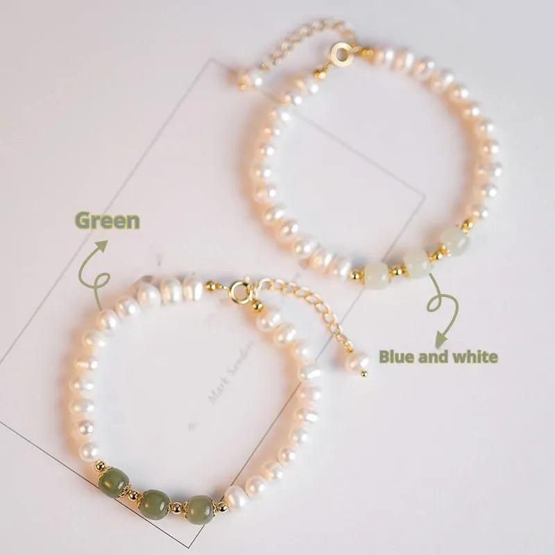 Diamond-shaped freshwater pearl bracelet in Hetian jade colour with Korean style design and adjustable clasp