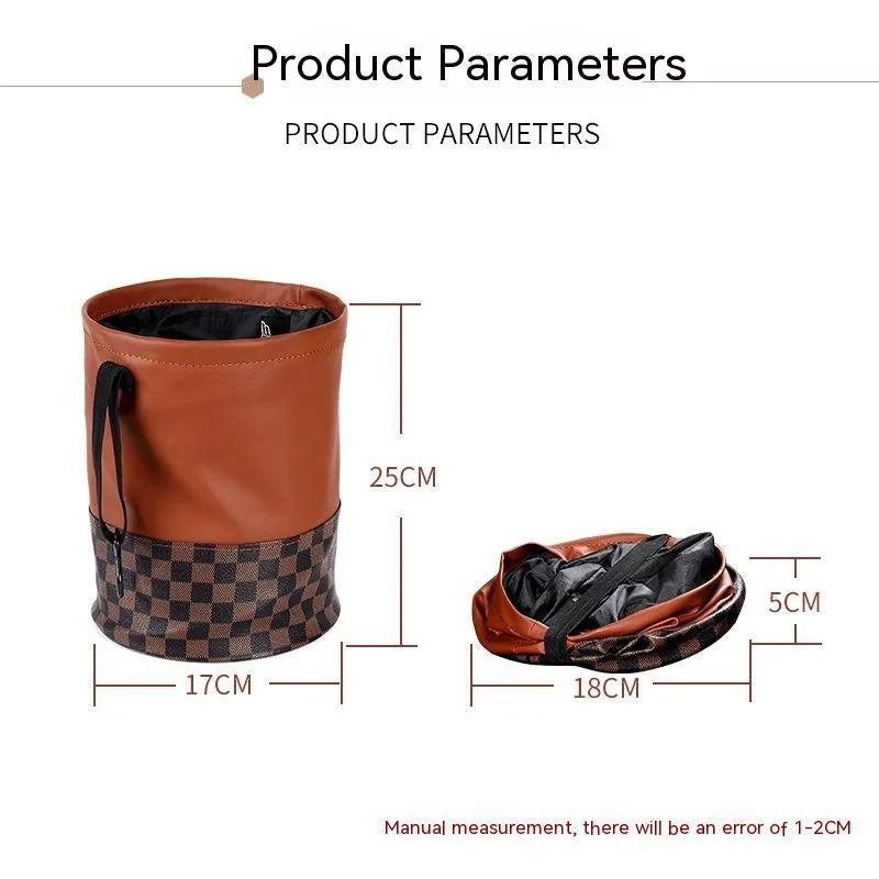 Leather retractable car trash can showing folded and expanded states with handle