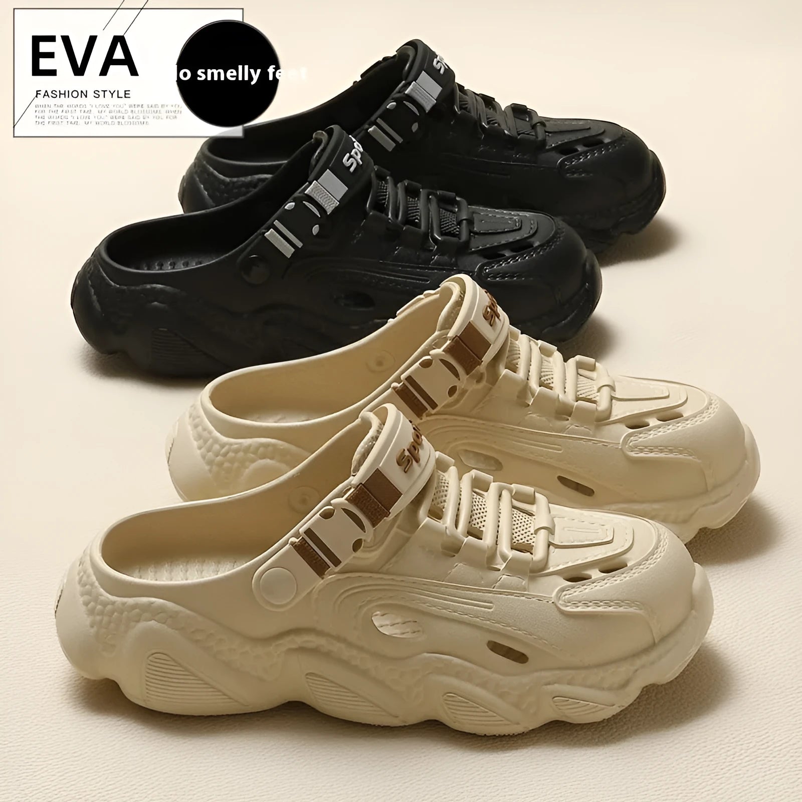 Men's khaki outdoor slippers with hollow-out design and textured EVA non-slip sole