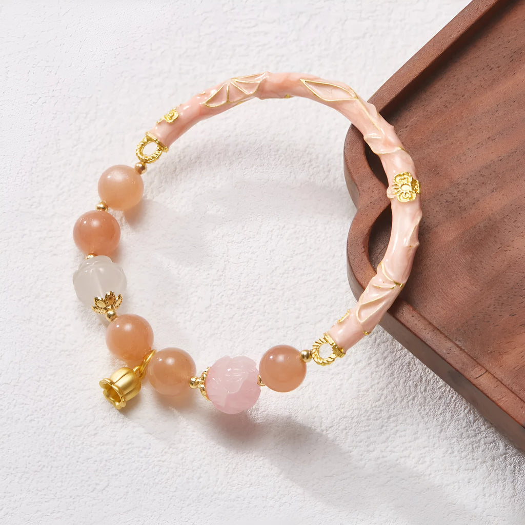 Traditional Chinese sunstone jinsi jade half bracelet with geometric shape and lily design elements