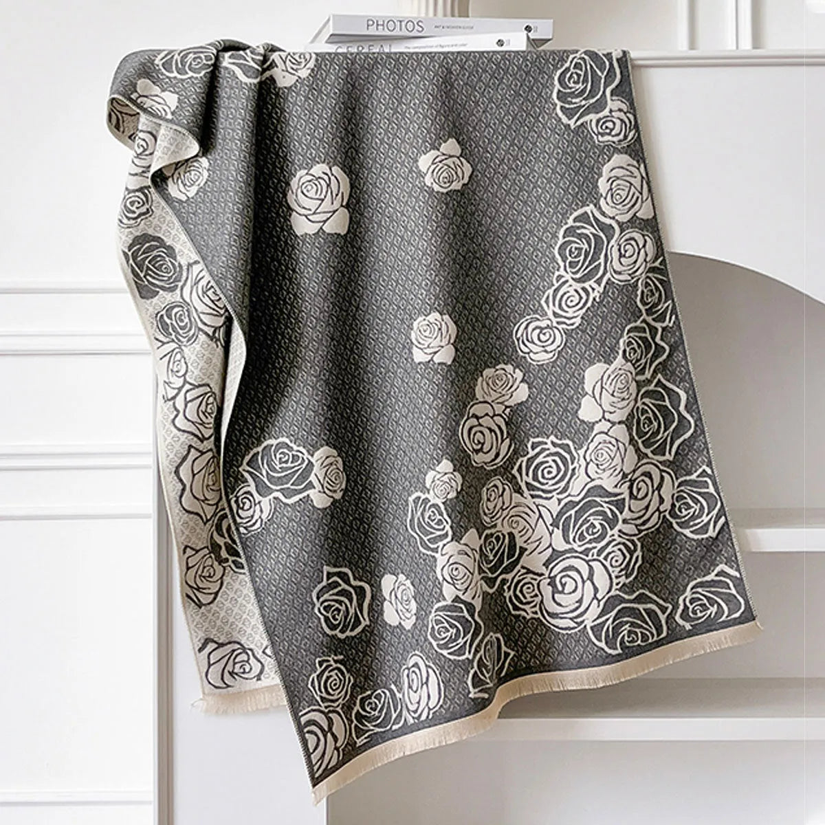 Imitation cashmere thick warm scarf shawl with tassel details in grey colour