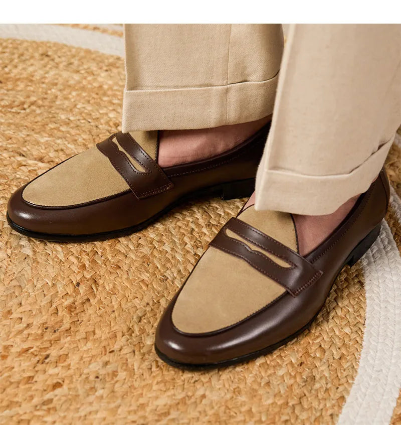Men's champagne-coloured suede leather loafers with a slip-on design and rubber sole.