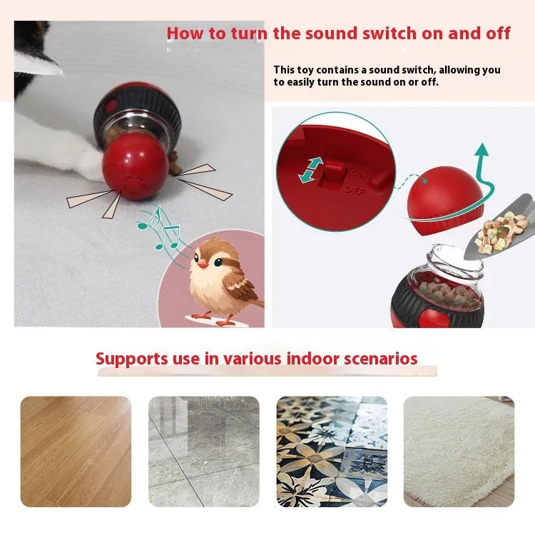 Rotating plastic cat toy ball with food dispensing slots and sound mechanism, 155mm diameter