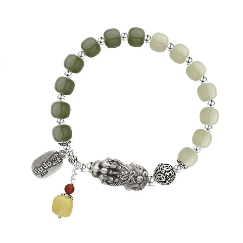 Pure silver coin bracelet with 8x7mm natural Hetian jade centrepiece, retro women's style