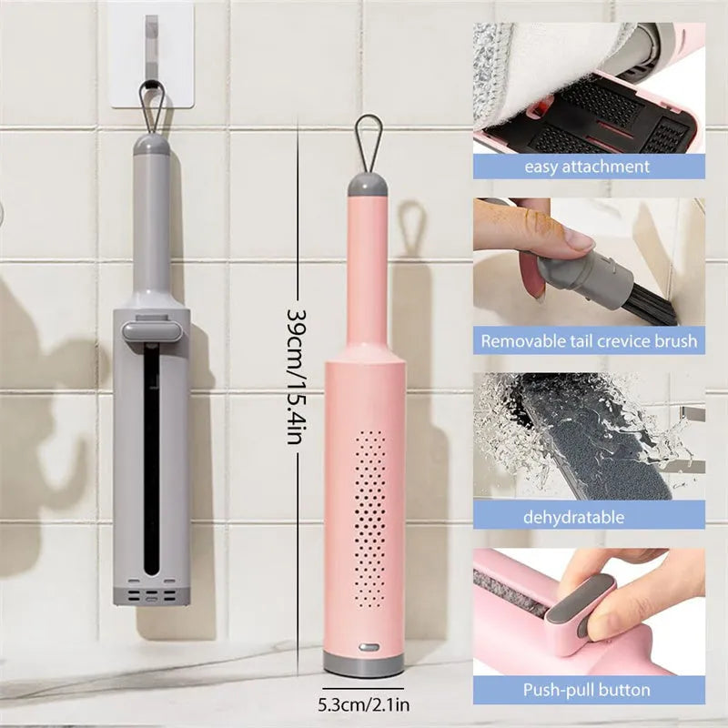 Pink self-squeeze mini mop with microfiber pads and crevice brush for floor cleaning