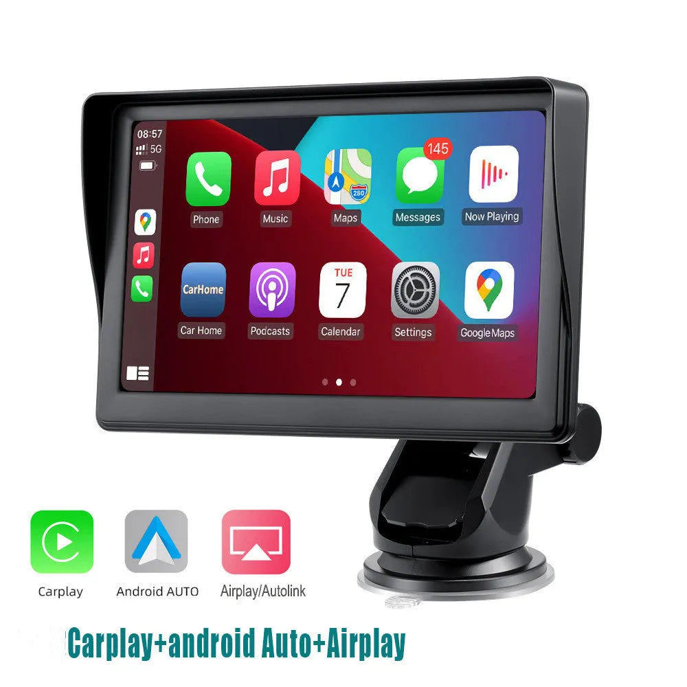 7-inch IPS car smart screen with Wireless CarPlay on windshield, showing navigation display and retractable bracket