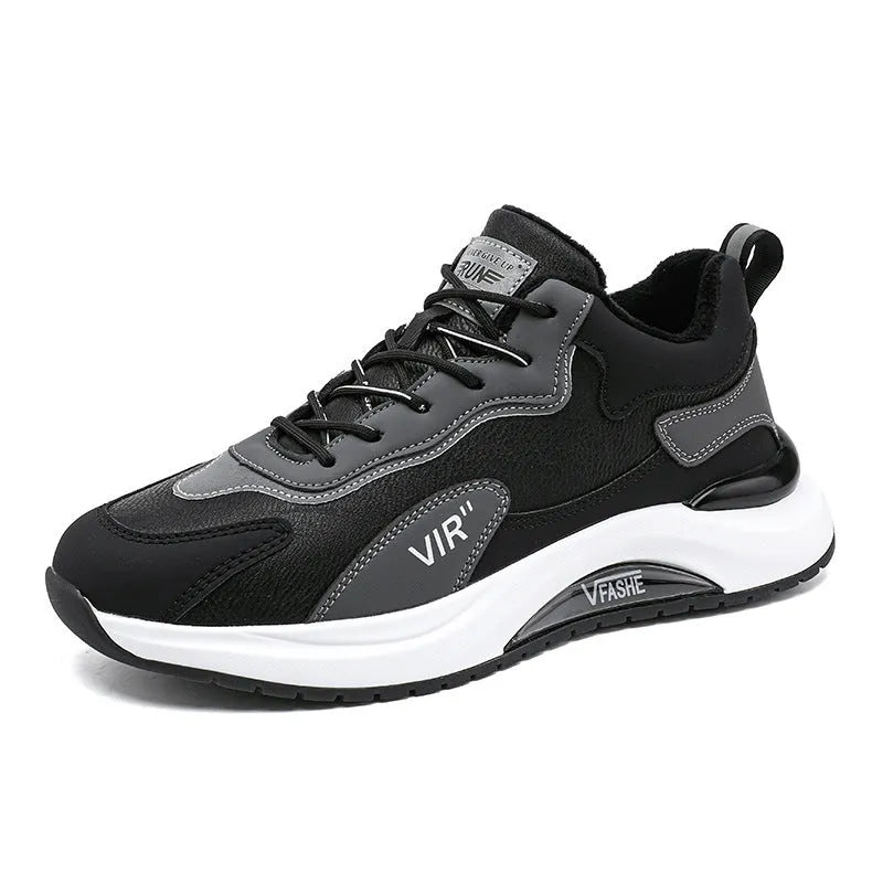 Men's low top running shoes in G718 Black with microfiber upper, EVA platform sole, and front lace-up