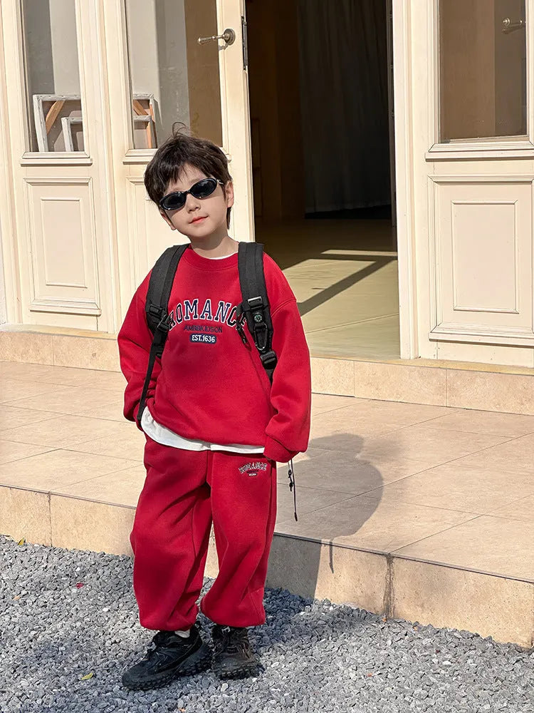 Children's velvet sport suit two-piece set, cotton pullover sweatshirt and sweatpants with letter pattern, light gray red navy blue