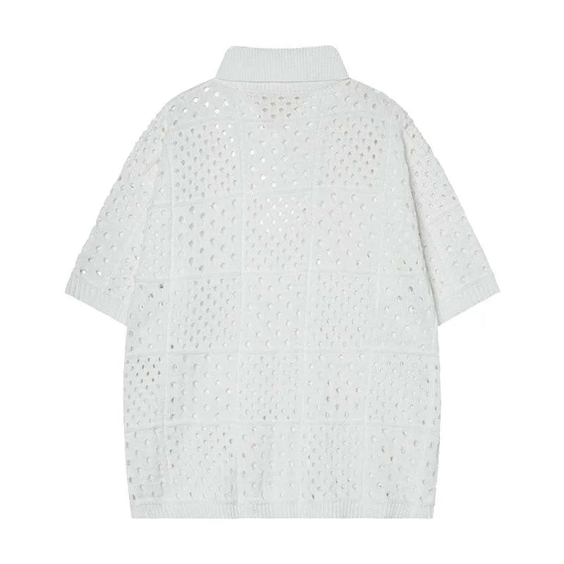 Black and white hollow knit polo shirt with short sleeves and loose cardigan fit