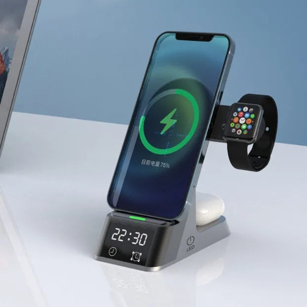 Black alarm clock wireless charger with six charging functions, dimensions 125mm by 65mm by 298mm