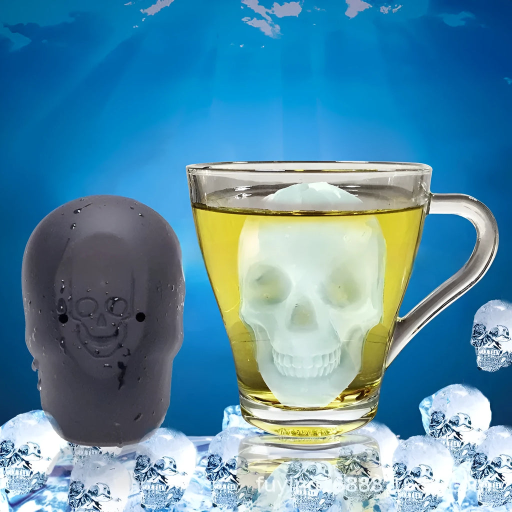 3D Halloween skull ice cube tray made from blue food-grade silicone, showing detailed mould cavities.