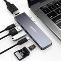 Aluminium Type C adapter with SD and Micro SD card slots, HDMI, USB ports measuring 115mm
