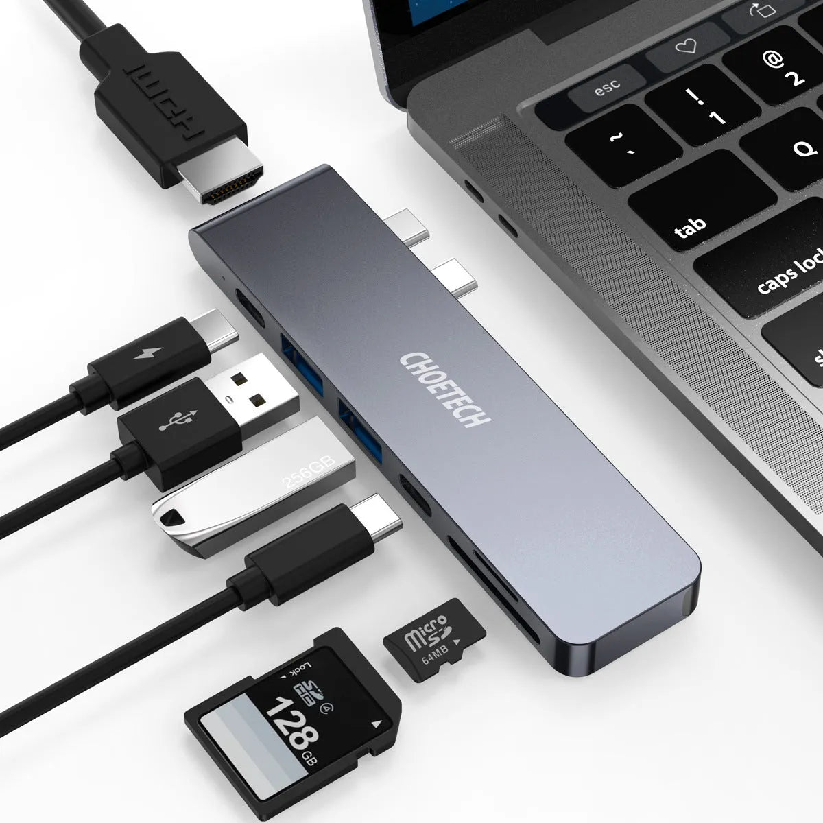 Aluminium Type C adapter with SD and Micro SD card slots, HDMI, USB ports measuring 115mm