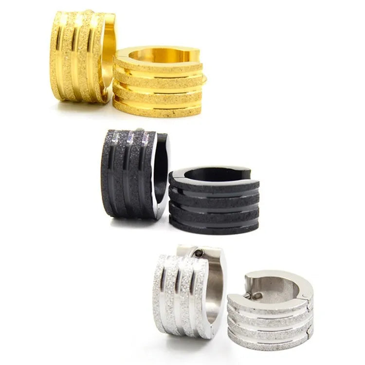 Geometric three-line frosted titanium steel earrings in black, gold, or steel colour.