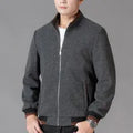 Men's grey autumn wool fleece jacket with sports style, long sleeves, and size stick pocket