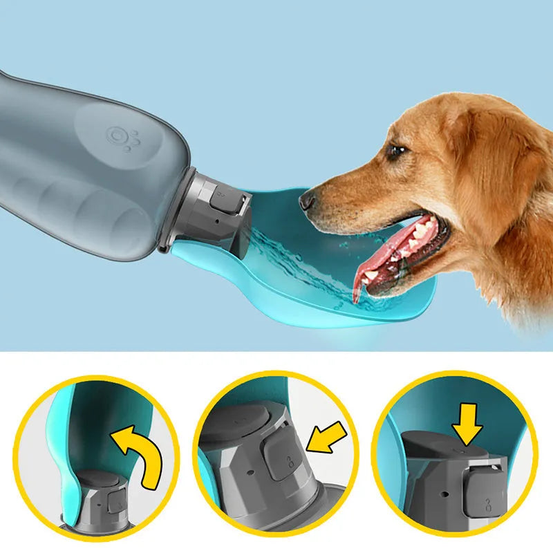 Blue grey portable dog water bottle with foldable drinking bowl extended, showing 800ml capacity.