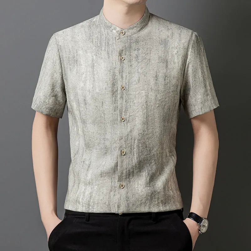 Men's loose fit linen blend shirt with a stand collar in black grey colour.