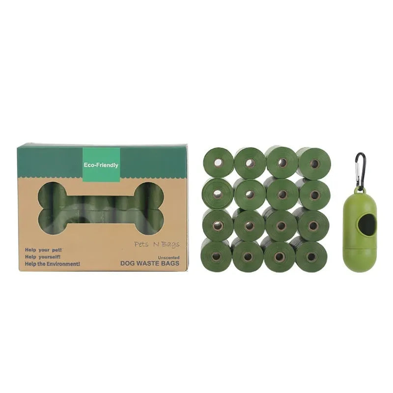 EPI degradable pet waste bags in green, blue, purple, orange, black, showing roll and boxed set options.
