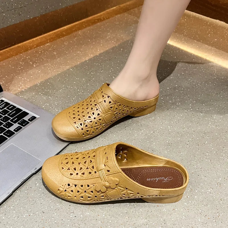 PVC fairy style half slippers with flat toe box and hollow out pattern