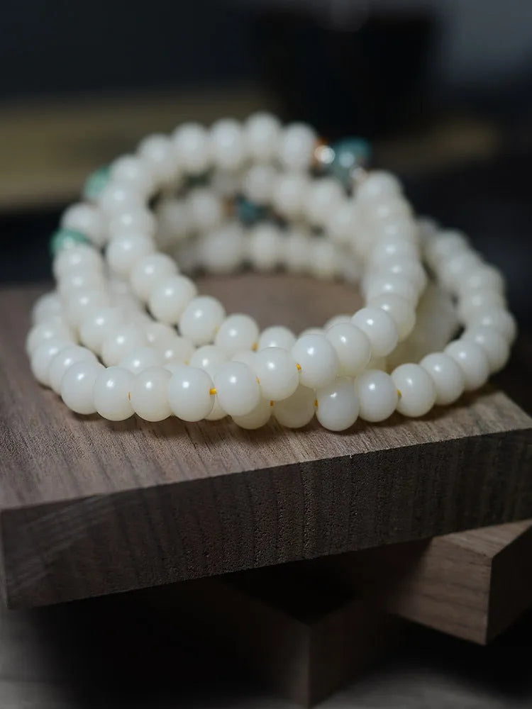 White jade Bodhi seed bracelet with 108 flat round beads in two size options