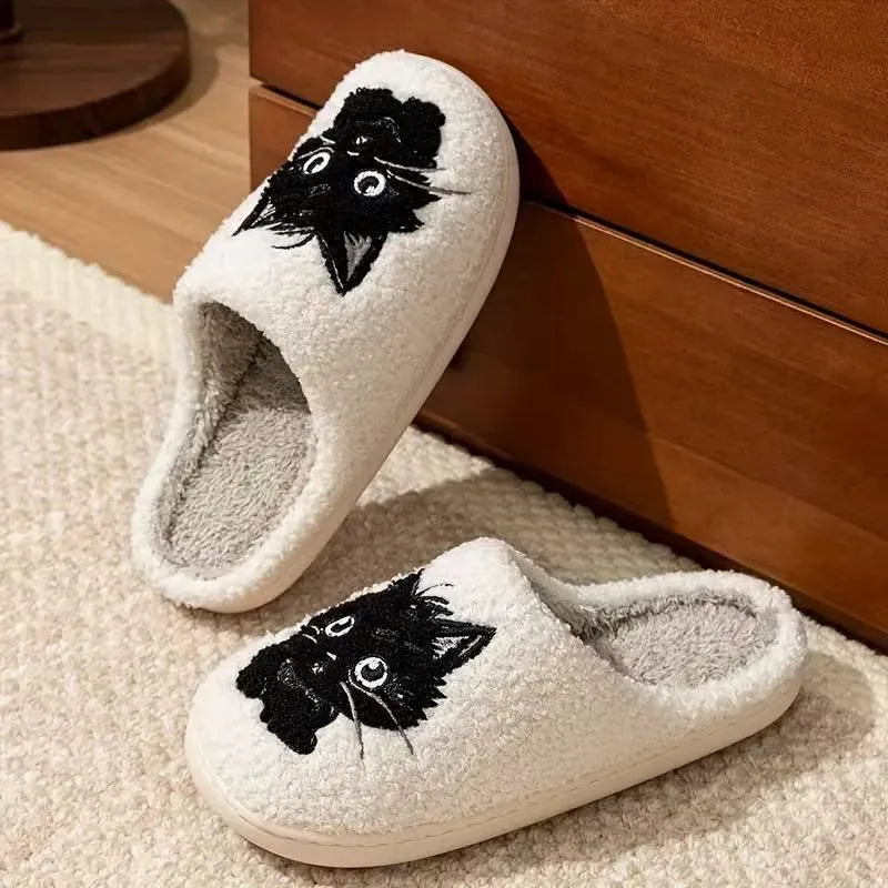 White plush cotton slippers with black beard cat couple cartoon design for indoor home use