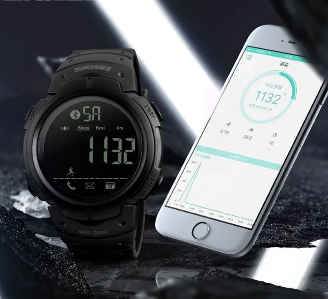 Black and army green Bluetooth smart watch with 50mm dial and stainless steel buckle for iPhone and Android compatibility