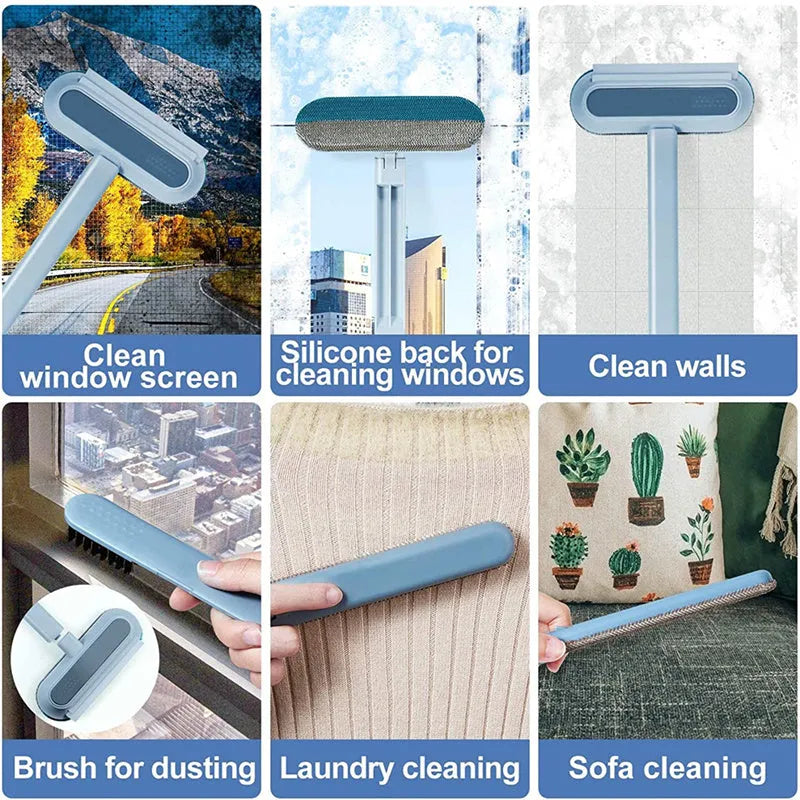 Multifunctional hair removal brush with flannel head and extension handle for cleaning pet hair, lint, and window screens.