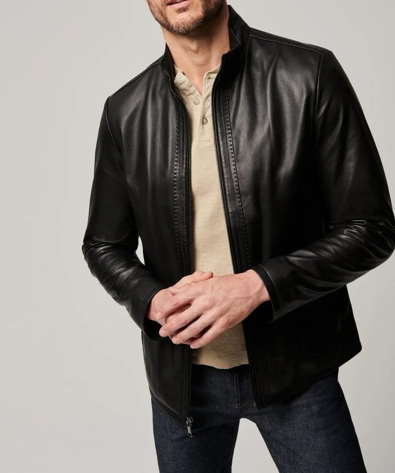 Men's black retro-style leather-look jacket with long sleeves and a straight hem