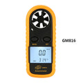 Orange digital portable wind speed measuring instrument with display showing wind speed readings