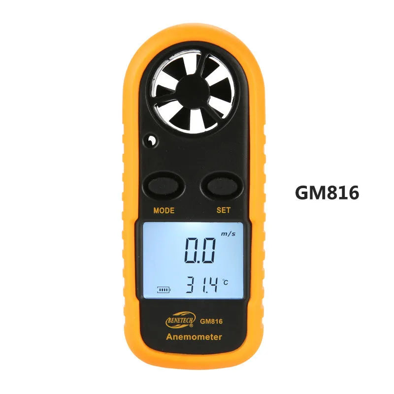 Orange digital portable wind speed measuring instrument with display showing wind speed readings