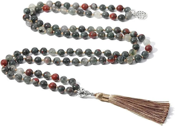 Handmade knotted beaded necklace with 108 stone pendants showing colour variations