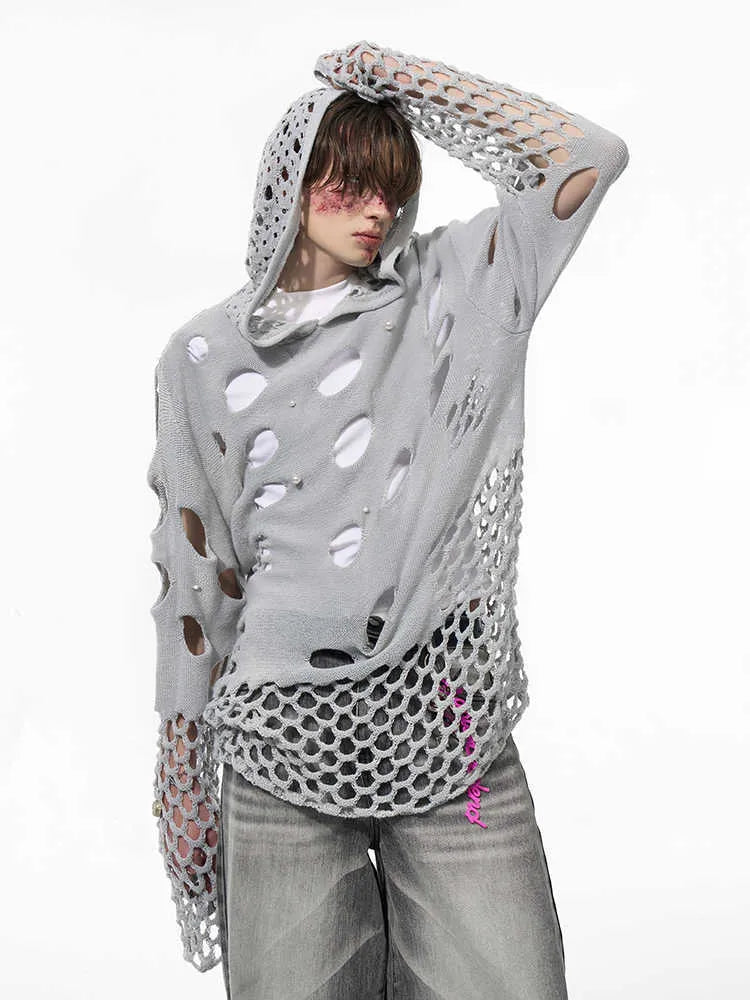 Black men's hooded sweater with pearl decorative details, loose fit design for spring wear