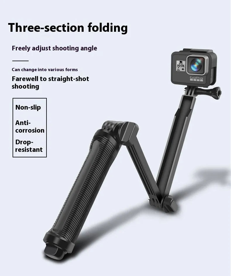 Black folding tripod for GoPro Hero action cameras, shown in compact and extended positions.
