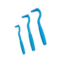 Three plastic tick removal hooks in blue and green colours for pet grooming, shown with size scale.
