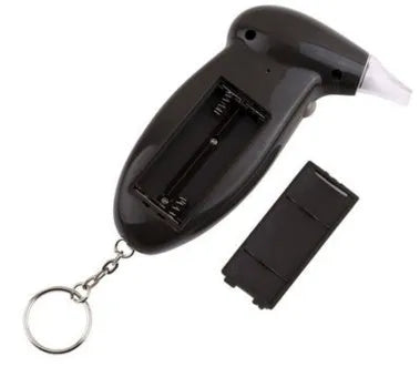 Black digital alcohol breath tester with LCD display, key chain, 110 x 70 x 25 mm, includes 4 nozzles